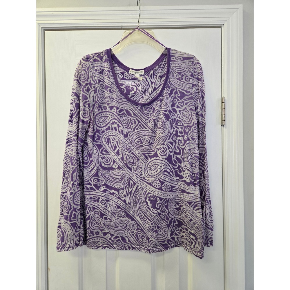 Y2K Aeropostale‎ Womens XL Purple Paisley Print Scoop Neck Burnout Tee Sheer